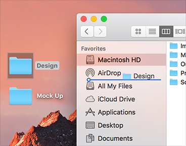 Screenshot of a Finder window in which a folder is being dragged into the sidebar. The horizontal insertion indicator shows where in the sidebar the folder will drop.