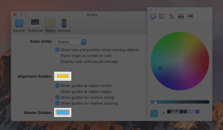 Screenshot of the Keynote Rulers preference pane with two color wells highlighted. The pane is overlaid with the standard color panel.