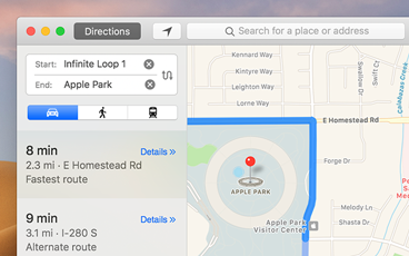 The directions pane in Maps shows blends with the Map content from the window.