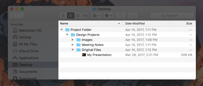 Screenshot of a Finder window, showing a hierarchy of folders as displayed in List view.