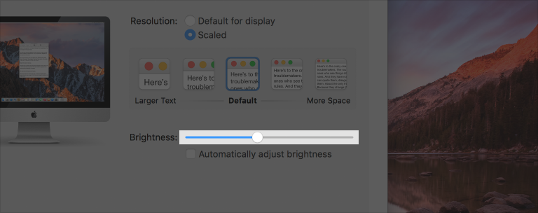 Partial screenshot of the Displays preferences pane with the brightness slider highlighted.