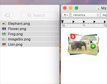 Screenshot of the Finder and TextEdit next to each other, with five image files in Finder being dragged into the TextEdit document.