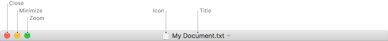 Screenshot of a document window’s title bar, with callouts for the window control buttons (Close, Minimize, and Zoom) at left, and the document icon and filename, at center.