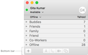 Screenshot of the Buddies window in Messages, highlighting its bottom bar.