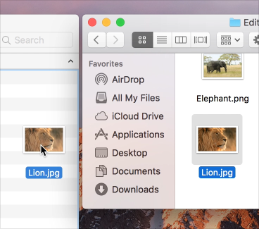 Screenshot of an image file being dragged from one Finder window to another. The pointer indicates that the file is being moved, not copied.