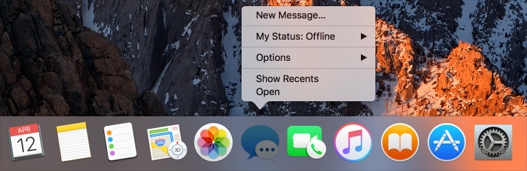Screenshot cropped to show part of the Dock, with the Messages Dock icon selected and its Dock menu revealed.