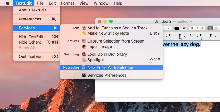 Screenshot of a TextEdit document window that contains a selected sentence. On top of the window, the TextEdit Service menu is open and the New Email With Selection item is chosen.