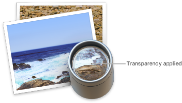App icon for Preview on macOS, with a callout pointing to the transparency applied to the camera lens at the icon’s lower-right corner.