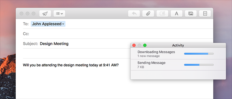 Screenshot of the Mail Activity window on top of a compose window. The Activity window is displaying the progress of inbound and outbound messages.
