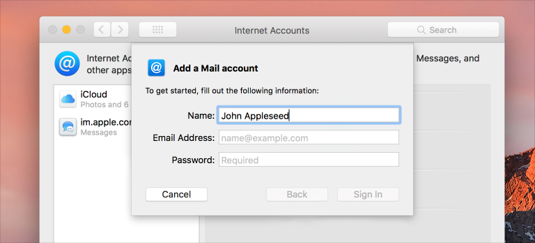 Screenshot of the Add a Mail account sheet in Mail, showing that the Name field has been prepopulated with the first and last name of the user account.