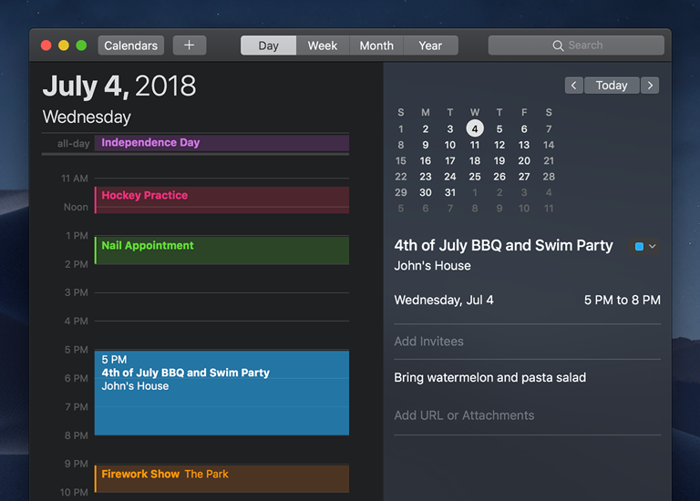 The Calendar app with a dark appearance.