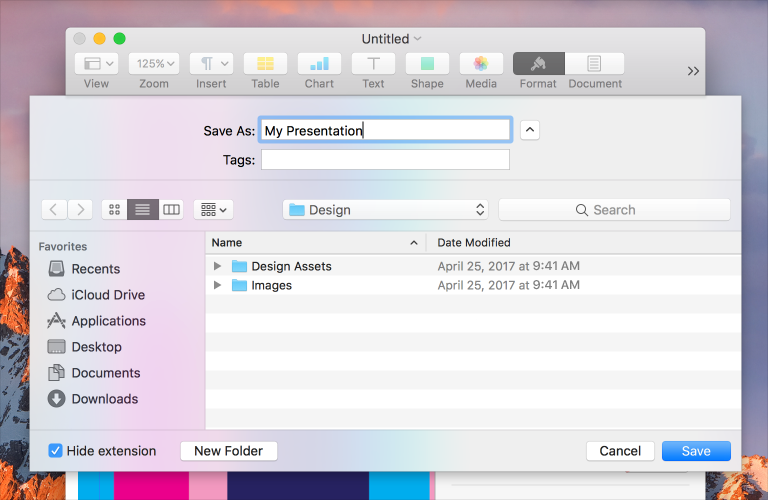 An expanded Save dialog sheet provides users with the ability to browse the file system to choose another location for saving the file.