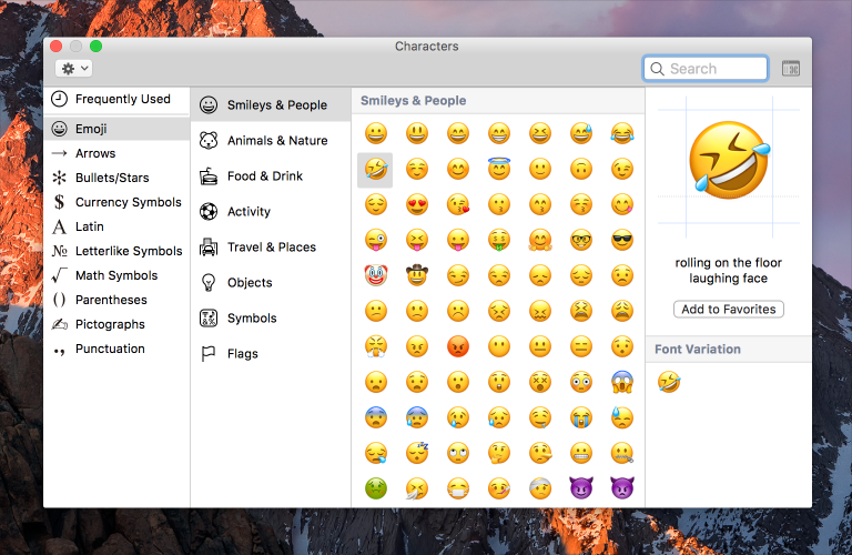Screenshot of Font Book, which uses four panels to organize a large hierarchy of font and emoji choices.