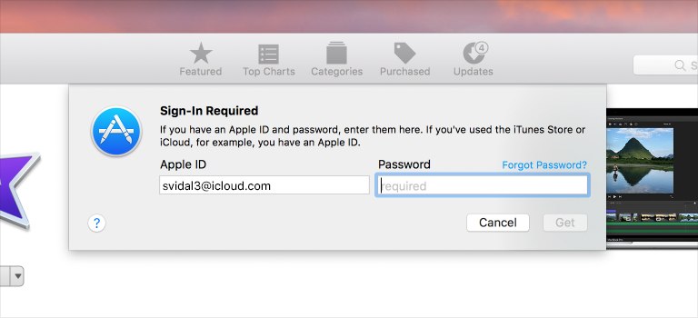 A screenshot of a Sign-In sheet, presented by the App Store in macOS.
