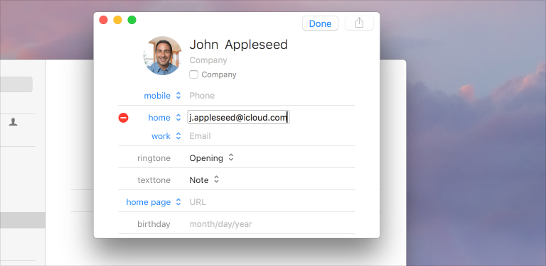 Screenshot of an editable contact in the Contacts app.