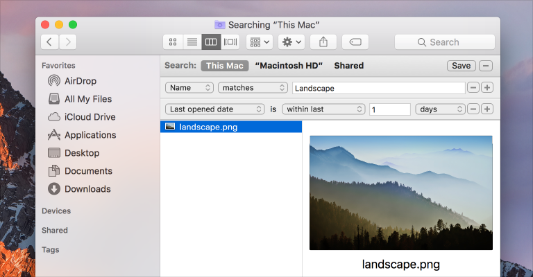 Partial screenshot of a Finder window in which name and last opened date scope buttons have been set so that a file named "landscape.png" has been found.