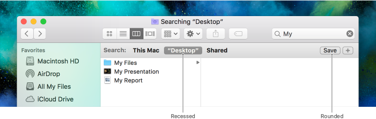 Screenshot of a Finder window with callouts to the Desktop scope button (the callout text is "Recessed") and the Save button (the callout text is "Rounded").