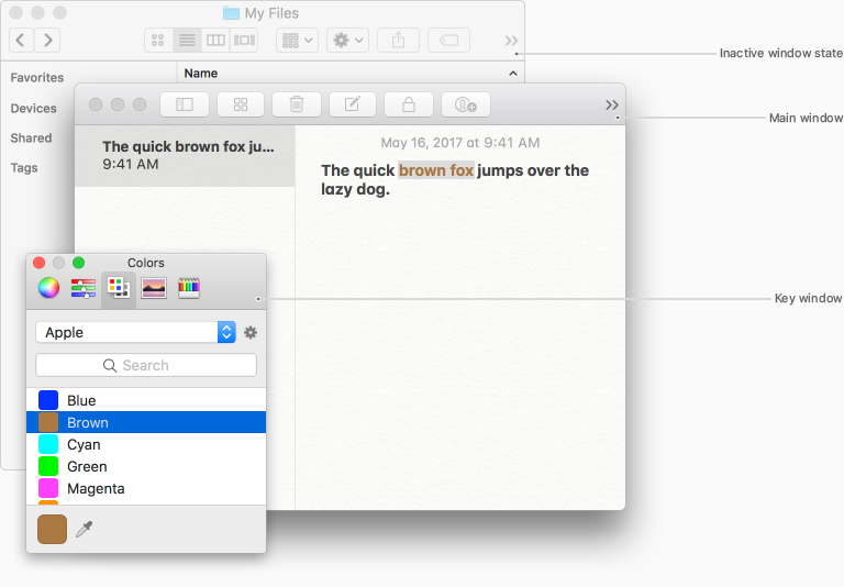 A stack of three windows, as follows: An inactive window in the background, an app’s main window in the middle, and a key window appearing above the other two windows.