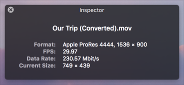 Screenshot of a translucent HUD panel, used to display inspector information for a movie file, including the filename, format, frames per second, data rate, and the frame size of the movie content.
