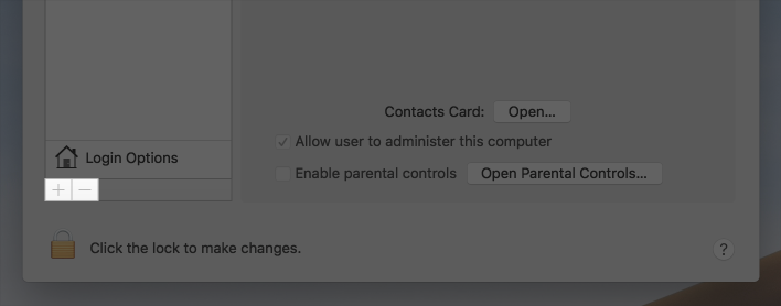 Gradient buttons for add (with a plus symbol) or remove (with a minus symbol), appearing in the Desktop preference pane.