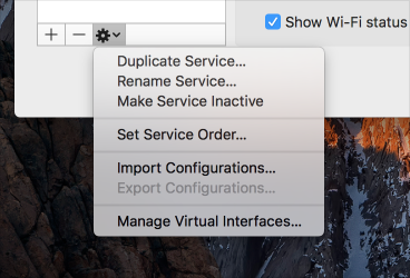 Partial screenshot of the Network Preferences pane, cropped to show the open action menu at the bottom of the service sidebar.