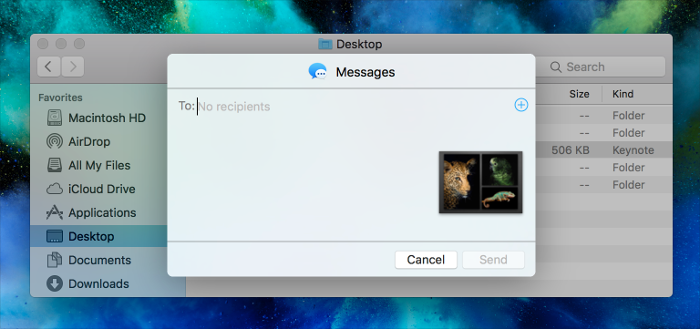 Screenshot of the Messages share extension in the foreground and a Finder window in list view with a selected document in the background.