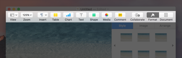 Partial screenshot highlighting the toolbar and its buttons in Pages.