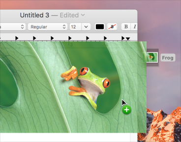 Screenshot of an image file being dragged from the Desktop and dropped into a TextEdit document.