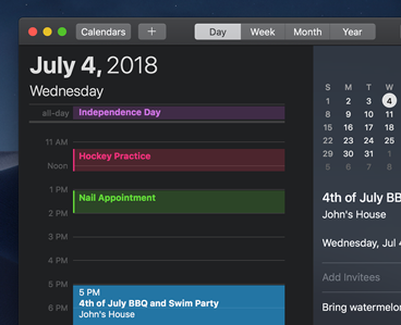 The Calendar app with a dark appearance and noticeably brighter colors