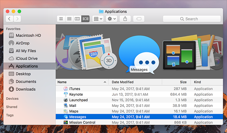 Screenshot of a Finder window showing the contents of the Applications folder in Cover Flow view.